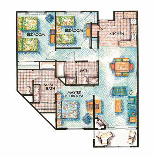 Three Bedroom Floor Plan at Grand Pacific Palisades Resort in Carlsbad, California