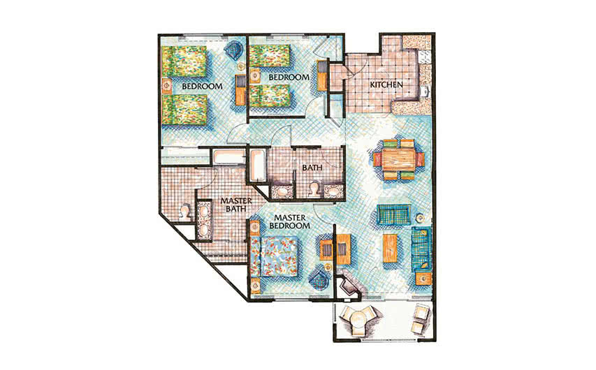 Three Bedroom Floor Plan at Grand Pacific Palisades Resort in Carlsbad, California