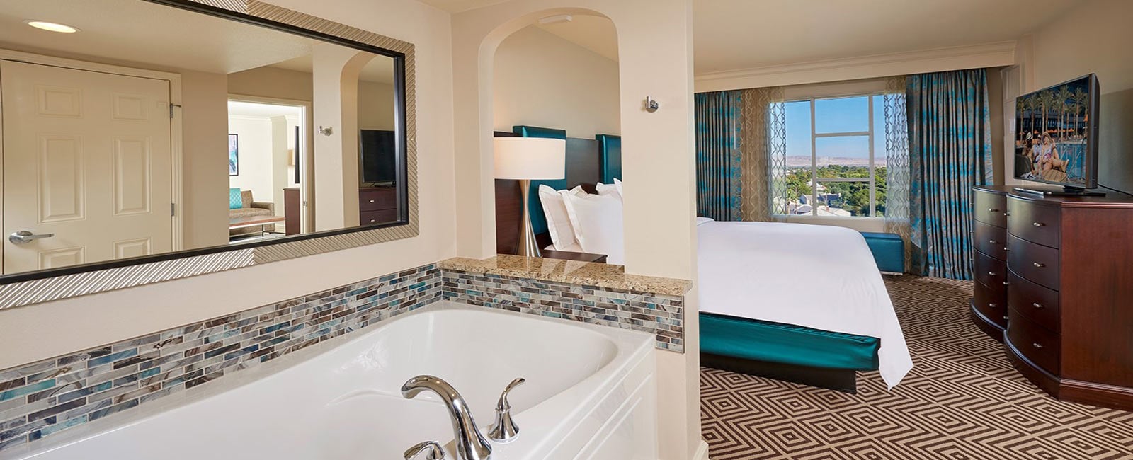 Bedroom and Tub at Hilton Grand Vacations on Paradise in Las Vegas, Nevada